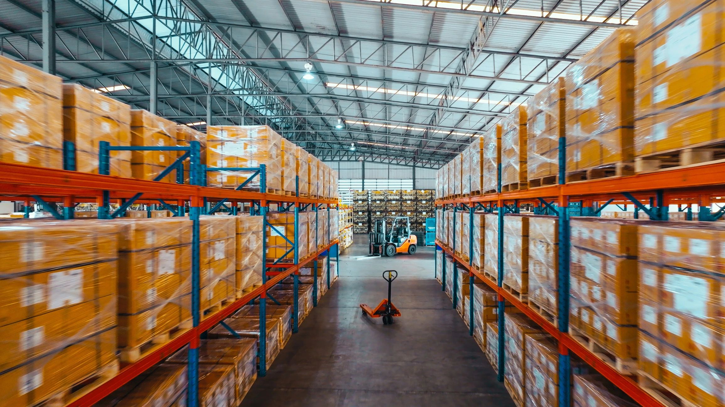 Warehouse shelves with packaged merchandise and boxes
